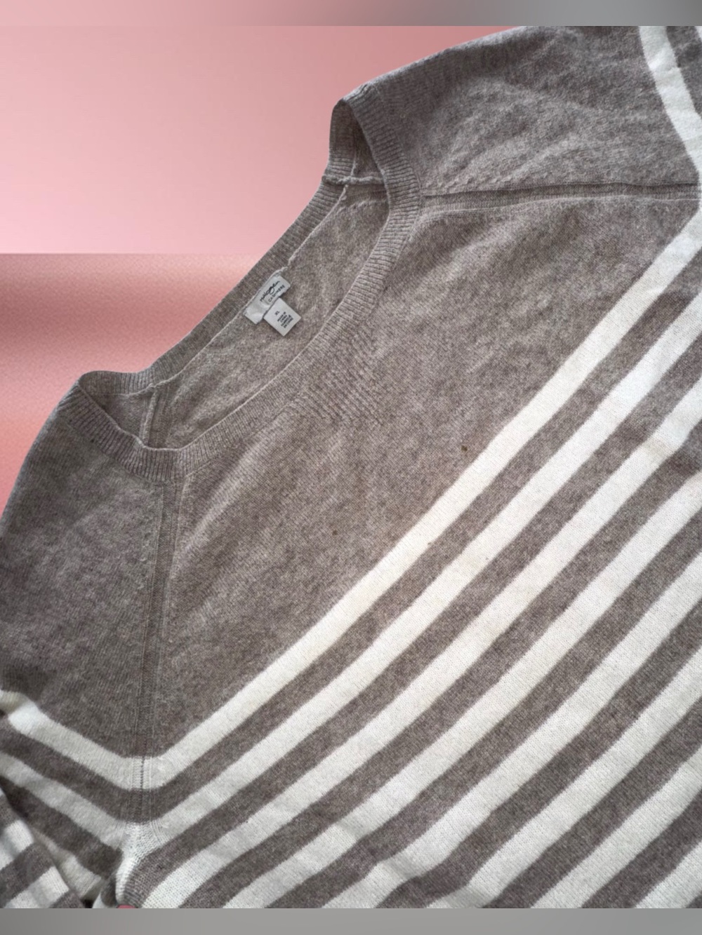 Halogen 100% Cashmere Striped Pullover Sweater Beige Cream Size XL *Flaws - Picture 5 of 16
